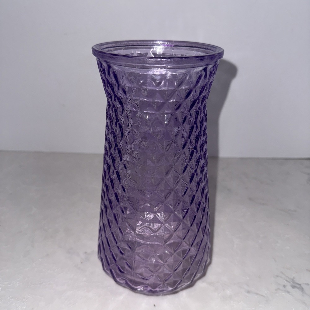 Vintage AE LUXE Purple Floral Pressed Glass 9.75" Vase Textured Mid Century